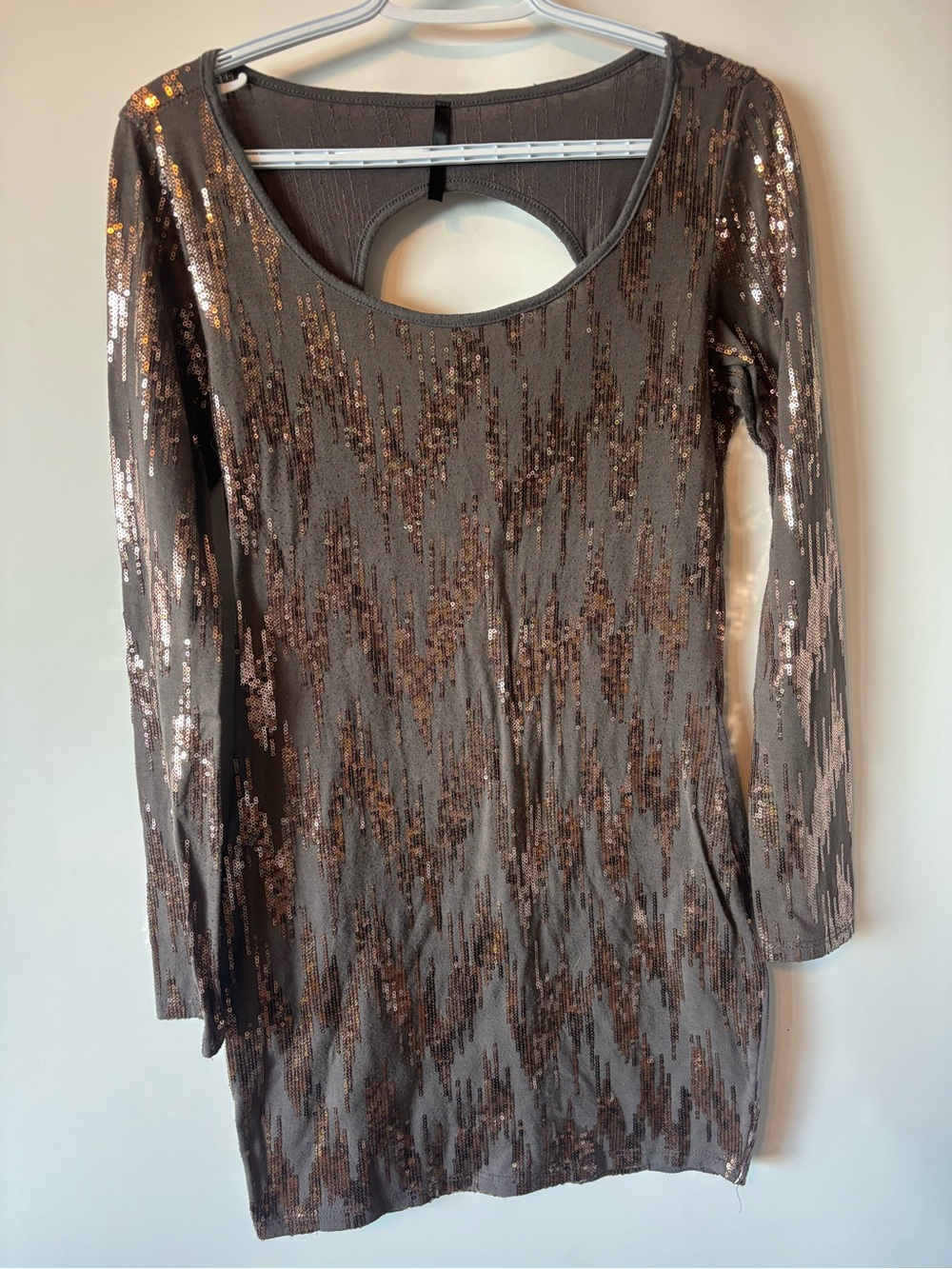 Taupe with bronze Sequin Long Sleeve Mini Dress